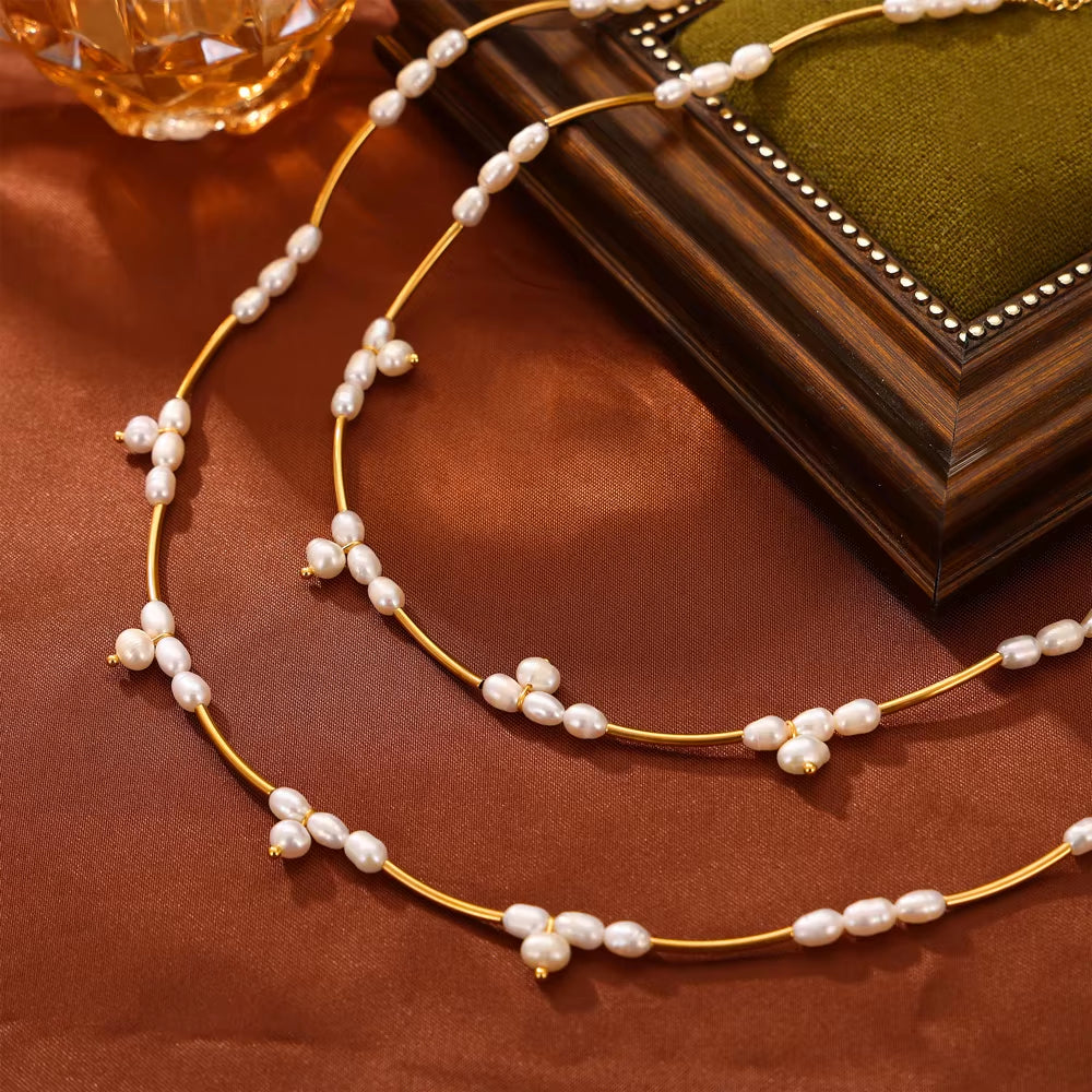 Elegant Stainless Steel Chain Necklace Bracelets for Women Freshwater Pearl Beads Handmade Women Wedding Jewelry Set