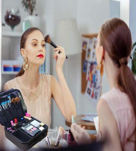 Travel Makeup Bag with LED Lighted, Cosmetic Case with Mirror, 3 Color Setting, Adjustable Dividers, Makeup Brushes for Women, Black, Waterproof, Scratch Resistant