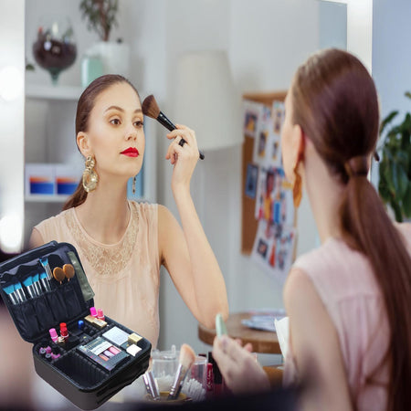 Travel Makeup Bag with LED Lighted, Cosmetic Case with Mirror, 3 Color Setting, Adjustable Dividers, Makeup Brushes for Women, Black, Waterproof, Scratch Resistant