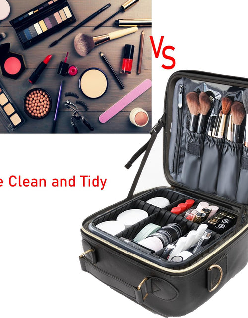 Load image into Gallery viewer, Travel Makeup Bag with LED Lighted, Cosmetic Case with Mirror, 3 Color Setting, Adjustable Dividers, Makeup Brushes for Women, Black, Waterproof, Scratch Resistant
