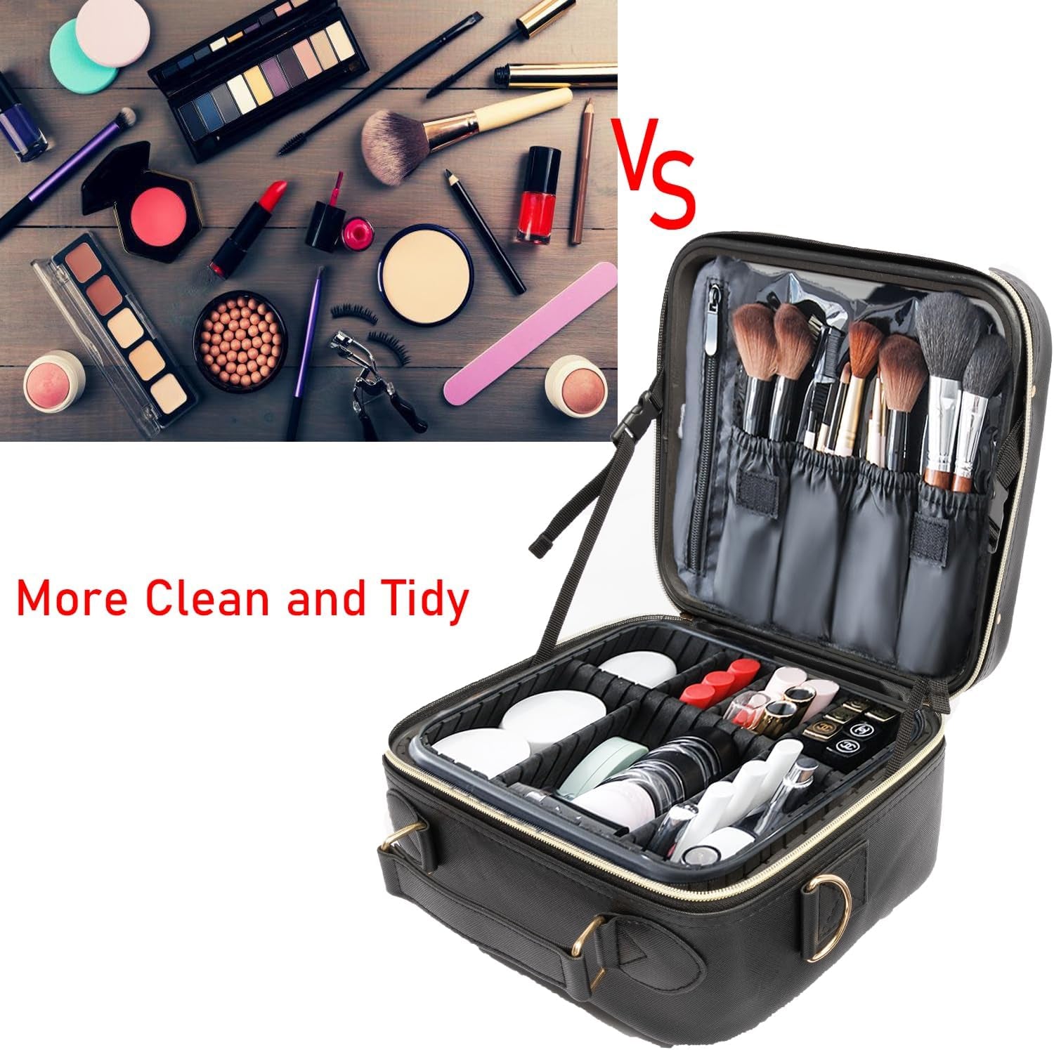 Travel Makeup Bag with LED Lighted, Cosmetic Case with Mirror, 3 Color Setting, Adjustable Dividers, Makeup Brushes for Women, Black, Waterproof, Scratch Resistant