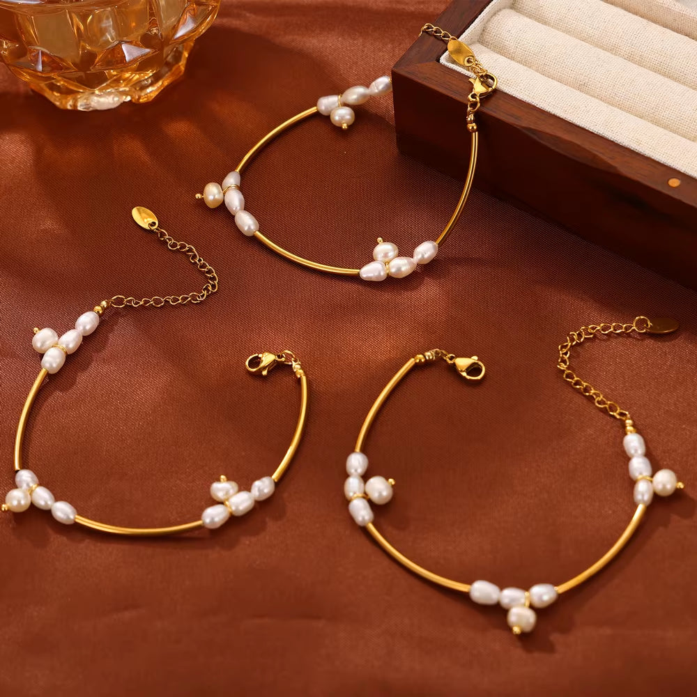 Elegant Stainless Steel Chain Necklace Bracelets for Women Freshwater Pearl Beads Handmade Women Wedding Jewelry Set