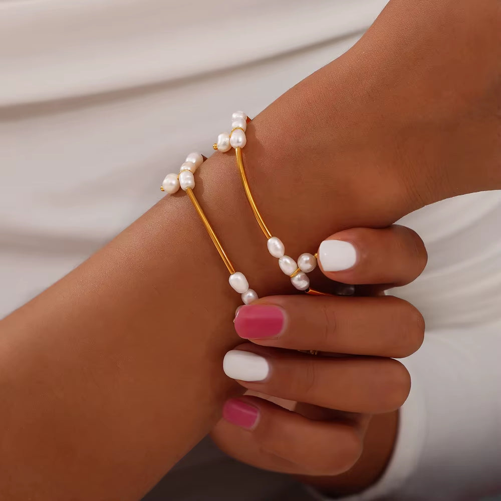 Elegant Stainless Steel Chain Necklace Bracelets for Women Freshwater Pearl Beads Handmade Women Wedding Jewelry Set