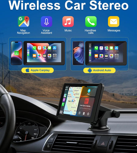 TOGUARD Portable 7 Inch Portable Wireless Car Stereo, Apple Carplay,1080P Backup Camera, Touchscreen GPS Navigation Car Video, Car Audio Receivers with Airplay, Android Auto, Bluetooth, FM, Siri