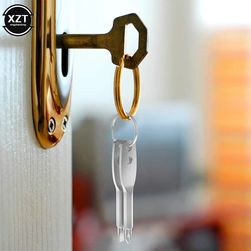 1 Set Stainless Steel Mini EDC Multifunction Screwdriver Key Shape Slotted/Cross Screwdrivers Keychain Pocket Repair Tool