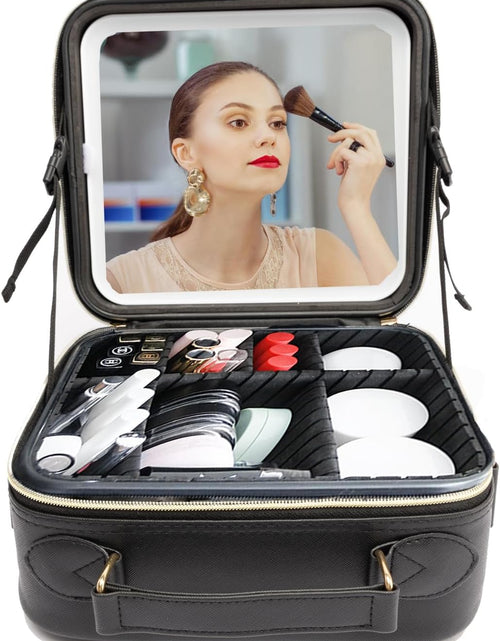 Load image into Gallery viewer, Travel Makeup Bag with LED Lighted, Cosmetic Case with Mirror, 3 Color Setting, Adjustable Dividers, Makeup Brushes for Women, Black, Waterproof, Scratch Resistant
