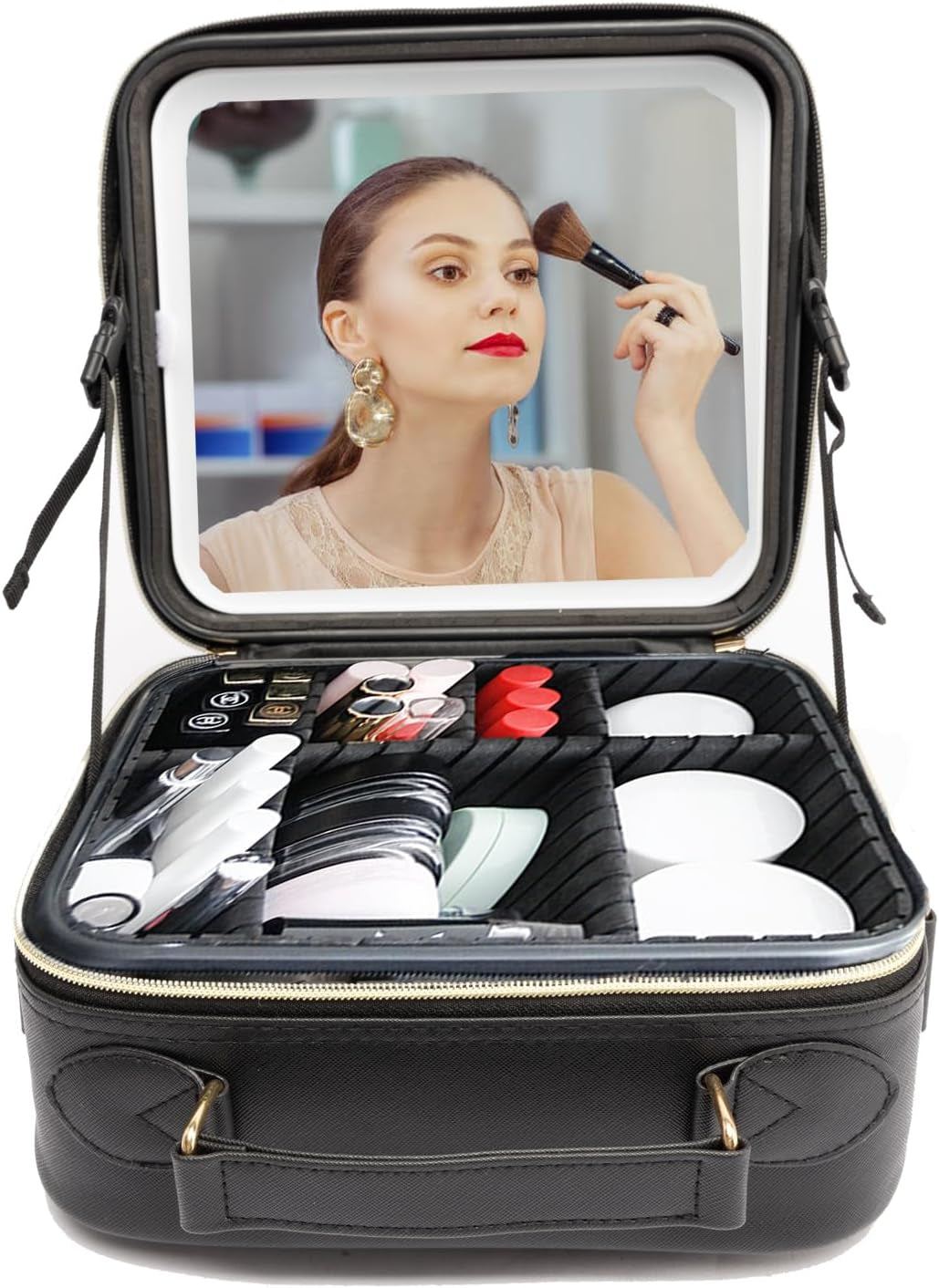 Travel Makeup Bag with LED Lighted, Cosmetic Case with Mirror, 3 Color Setting, Adjustable Dividers, Makeup Brushes for Women, Black, Waterproof, Scratch Resistant