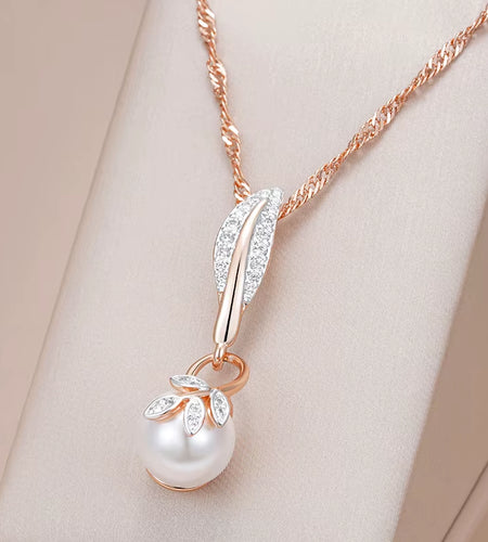 Hot Crystal Flower Pearl Pendant Necklace for Women 585 Rose Gold Silver Color Mix Boho Ethnic Wedding Jewelry Gift