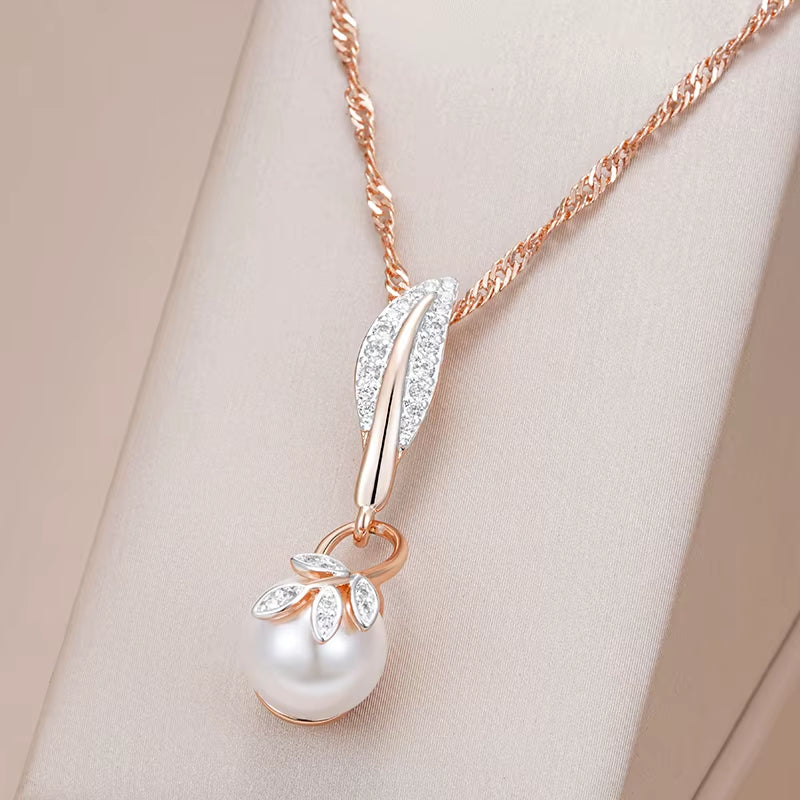 Hot Crystal Flower Pearl Pendant Necklace for Women 585 Rose Gold Silver Color Mix Boho Ethnic Wedding Jewelry Gift