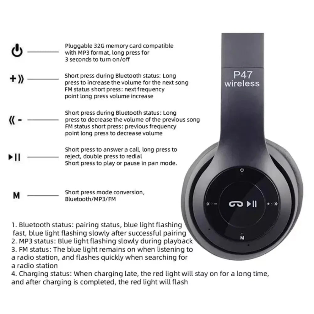 Wireless Bluetooth 5.0 Over-Ear Headphones with FM Radio, MIC & Foldable Design – Supports TF Card
