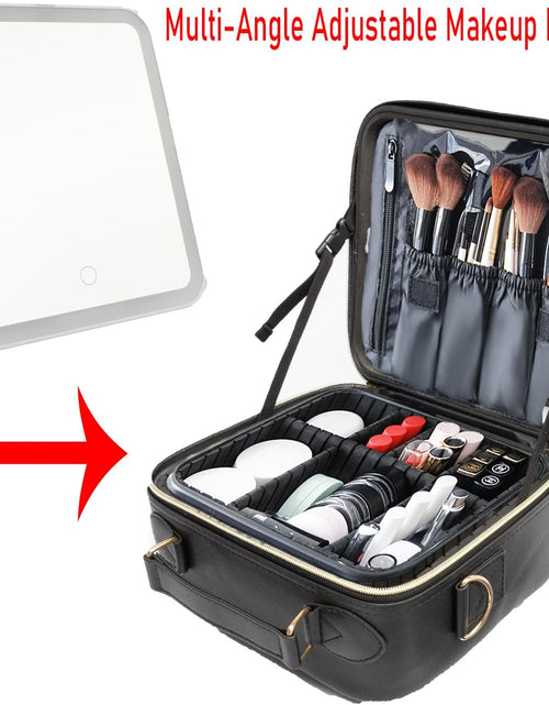 Load image into Gallery viewer, Travel Makeup Bag with LED Lighted, Cosmetic Case with Mirror, 3 Color Setting, Adjustable Dividers, Makeup Brushes for Women, Black, Waterproof, Scratch Resistant

