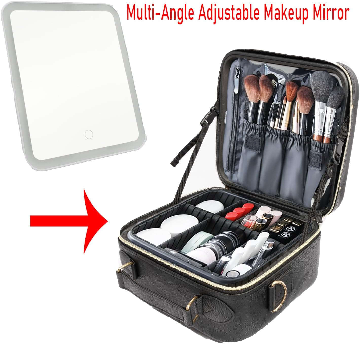 Travel Makeup Bag with LED Lighted, Cosmetic Case with Mirror, 3 Color Setting, Adjustable Dividers, Makeup Brushes for Women, Black, Waterproof, Scratch Resistant