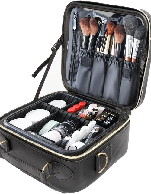 Load image into Gallery viewer, Travel Makeup Bag with LED Lighted, Cosmetic Case with Mirror, 3 Color Setting, Adjustable Dividers, Makeup Brushes for Women, Black, Waterproof, Scratch Resistant
