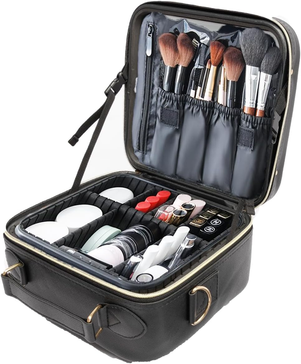 Travel Makeup Bag with LED Lighted, Cosmetic Case with Mirror, 3 Color Setting, Adjustable Dividers, Makeup Brushes for Women, Black, Waterproof, Scratch Resistant