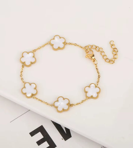 1Pc Stainless Steel New Plant Clover Adjustable Bracelet for Women, Hot Selling Five Leaf Flower Shell Acrylic Bracelet Jewelry