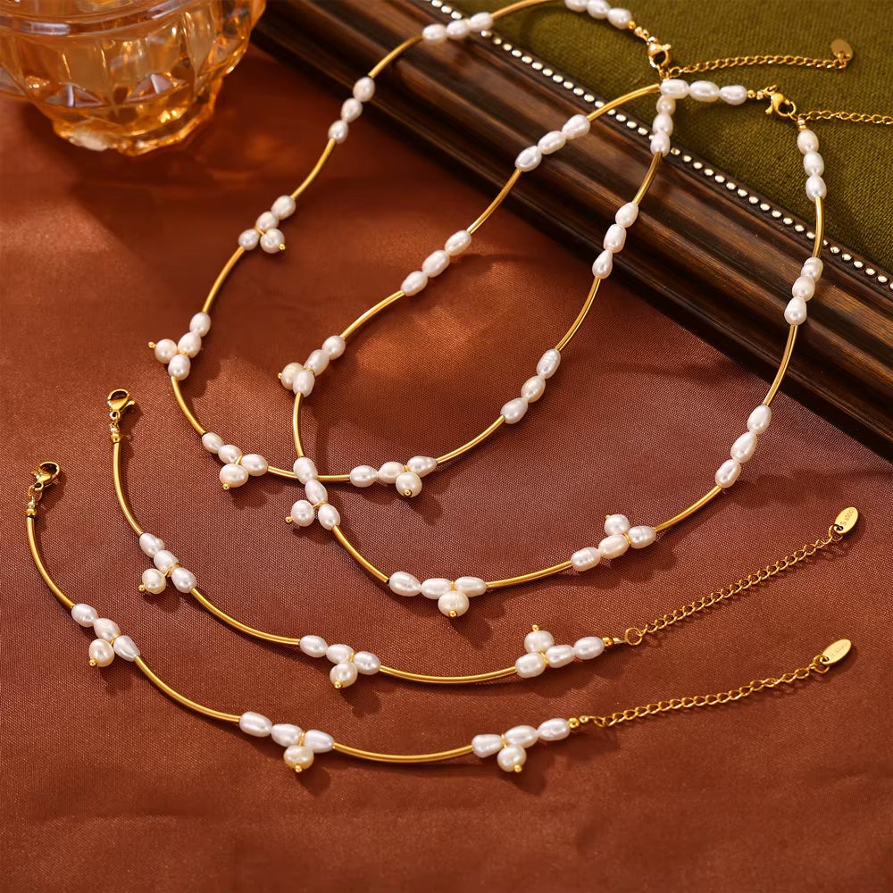 Elegant Stainless Steel Chain Necklace Bracelets for Women Freshwater Pearl Beads Handmade Women Wedding Jewelry Set