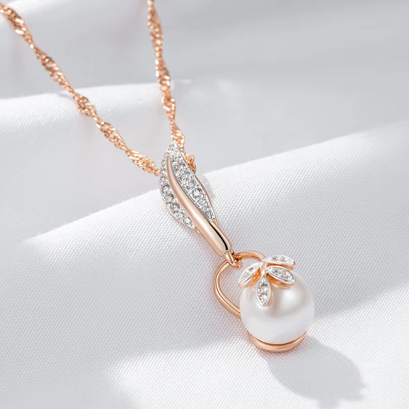 Hot Crystal Flower Pearl Pendant Necklace for Women 585 Rose Gold Silver Color Mix Boho Ethnic Wedding Jewelry Gift