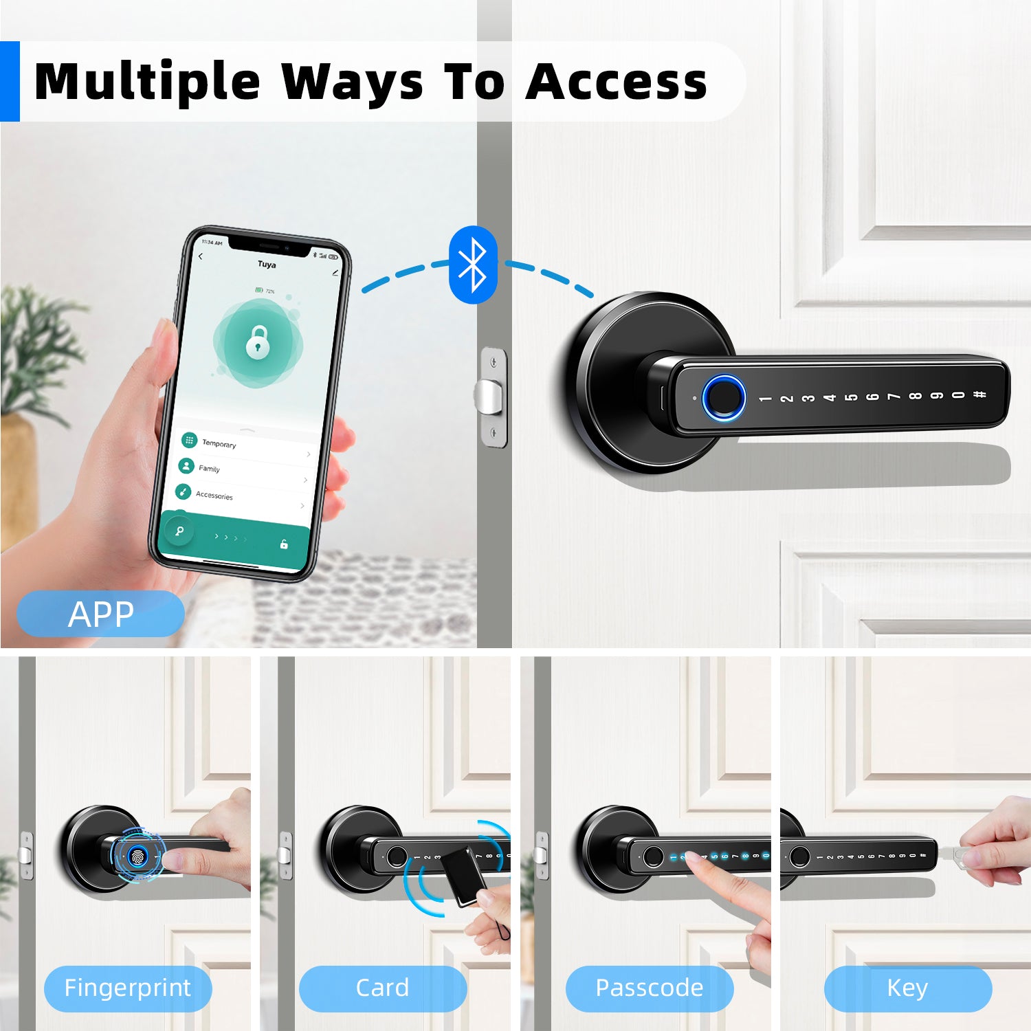 Smart Door Lock,Keyless Entry Door Lock with Handle,Fingerprint Door Lock with Tuya App,Smart Door Knob with Key for Home Bedroom