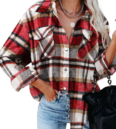 Winter Fleece Jacket Women Plaid Coat Fall Warm Checkered Outerwear Fall Female Long Sleeve Tops Shirt Women Fashion Jacket 2021