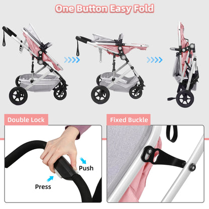 Baby Stroller, Foldable Baby Stroller Reversible Bassinet, Travel Stroller for Newborn Baby, Khaki