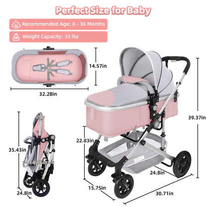 Baby Stroller, Foldable Baby Stroller Reversible Bassinet, Travel Stroller for Newborn Baby, Khaki