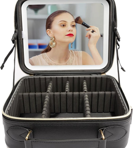 Travel Makeup Bag with LED Lighted, Cosmetic Case with Mirror, 3 Color Setting, Adjustable Dividers, Makeup Brushes for Women, Black, Waterproof, Scratch Resistant