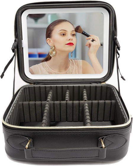 Travel Makeup Bag with LED Lighted, Cosmetic Case with Mirror, 3 Color Setting, Adjustable Dividers, Makeup Brushes for Women, Black, Waterproof, Scratch Resistant