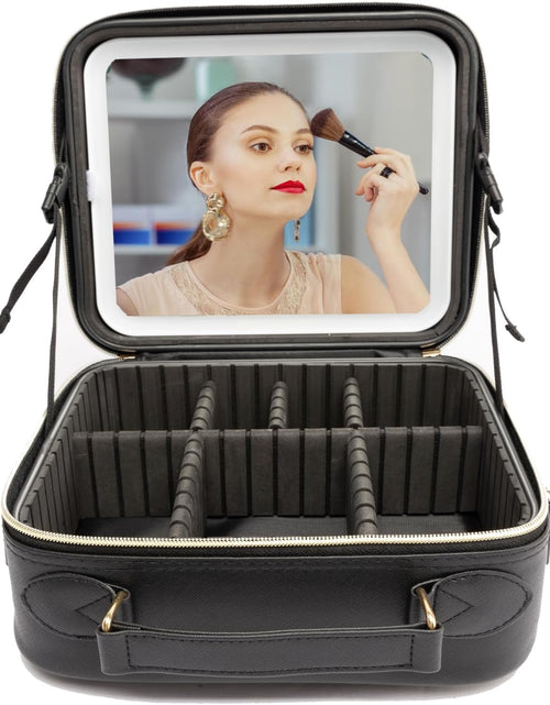 Load image into Gallery viewer, Travel Makeup Bag with LED Lighted, Cosmetic Case with Mirror, 3 Color Setting, Adjustable Dividers, Makeup Brushes for Women, Black, Waterproof, Scratch Resistant
