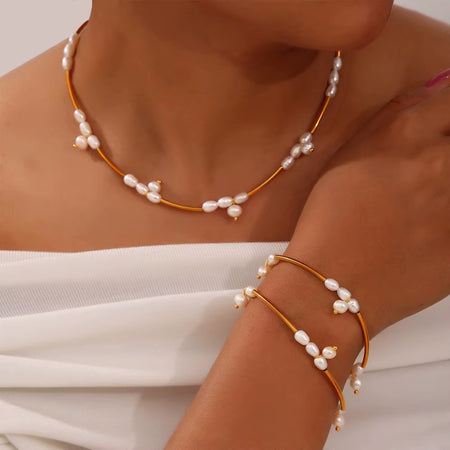 Elegant Stainless Steel Chain Necklace Bracelets for Women Freshwater Pearl Beads Handmade Women Wedding Jewelry Set