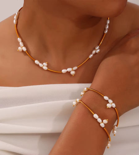 Elegant Stainless Steel Chain Necklace Bracelets for Women Freshwater Pearl Beads Handmade Women Wedding Jewelry Set