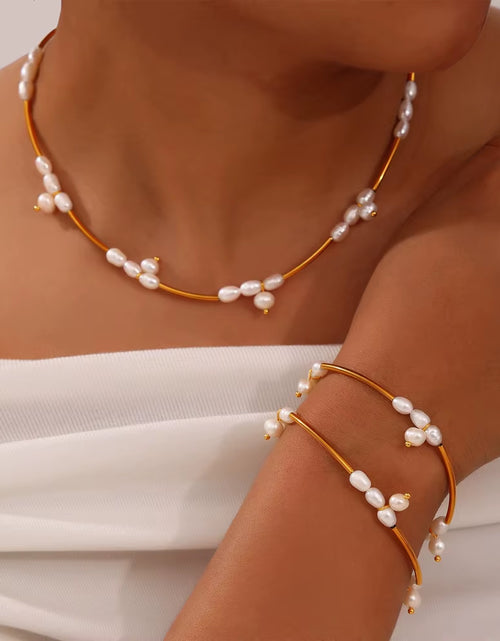 Load image into Gallery viewer, Elegant Stainless Steel Chain Necklace Bracelets for Women Freshwater Pearl Beads Handmade Women Wedding Jewelry Set
