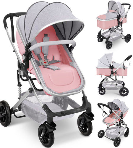 Baby Stroller, Foldable Baby Stroller Reversible Bassinet, Travel Stroller for Newborn Baby, Khaki