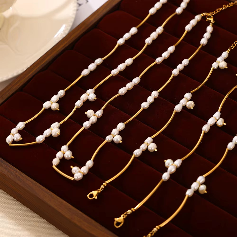 Elegant Stainless Steel Chain Necklace Bracelets for Women Freshwater Pearl Beads Handmade Women Wedding Jewelry Set