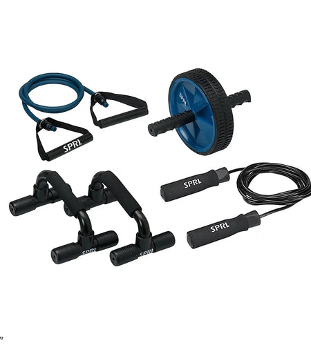 Home Gym Essentials Kit, Includes Jump Rope, Push-Up Bars, Ab Wheel and Medium Resistance Tube