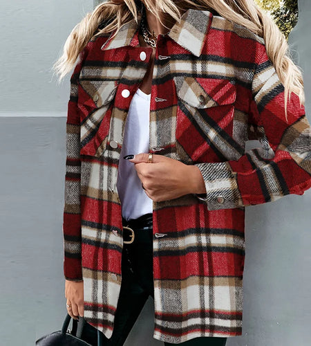 Winter Fleece Jacket Women Plaid Coat Fall Warm Checkered Outerwear Fall Female Long Sleeve Tops Shirt Women Fashion Jacket 2021