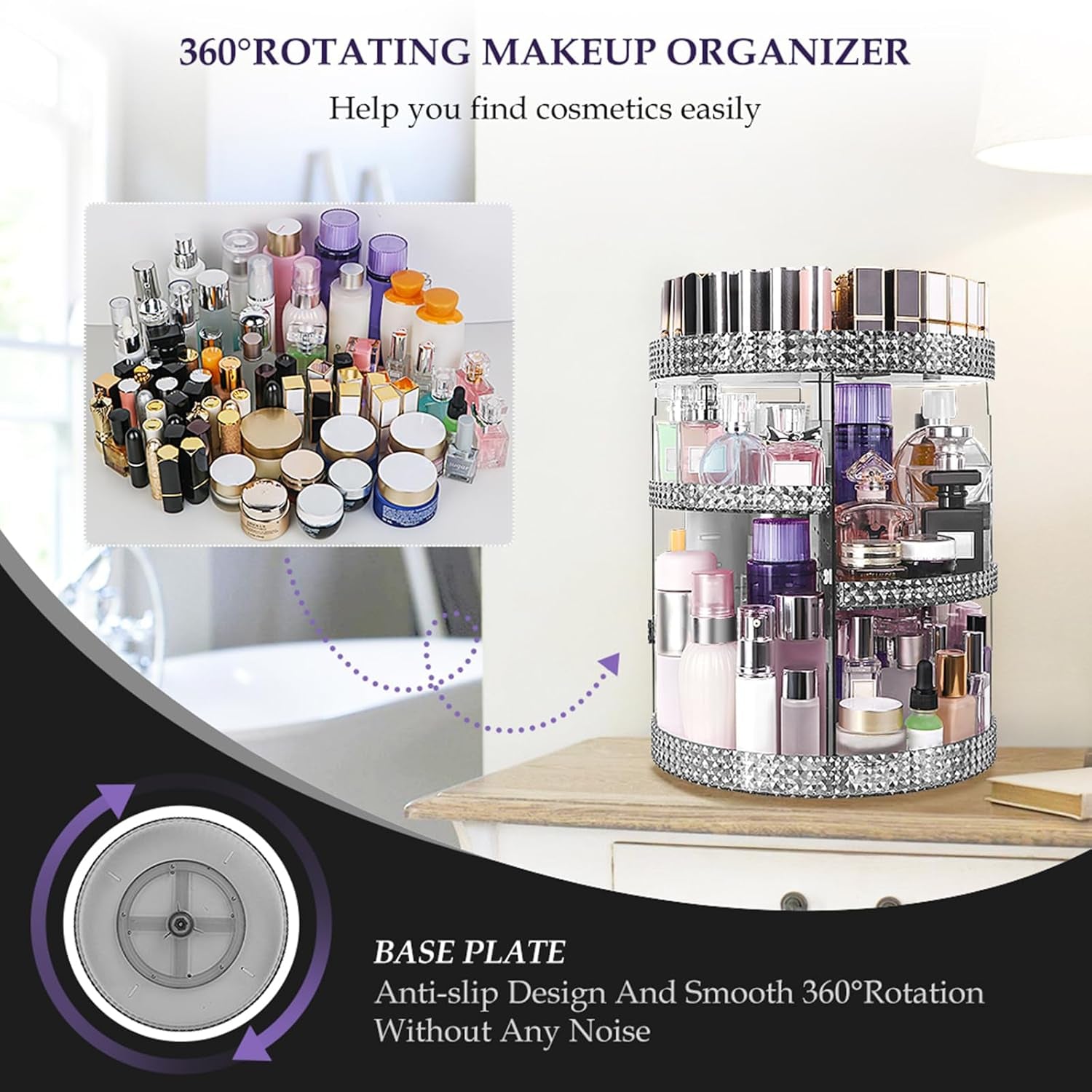 360 Degree Rotating Makeup Organizer, Extra Large Capacity Cosmetic Storage Unit, Removable DIY 7 Layers Skincare Organizer, Acrylic Beauty Perfume Organizer for Vanity Countertop (Gray)