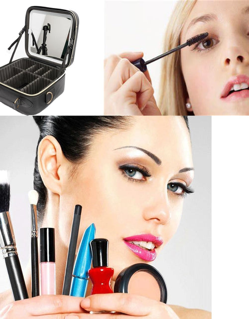 Load image into Gallery viewer, Travel Makeup Bag with LED Lighted, Cosmetic Case with Mirror, 3 Color Setting, Adjustable Dividers, Makeup Brushes for Women, Black, Waterproof, Scratch Resistant
