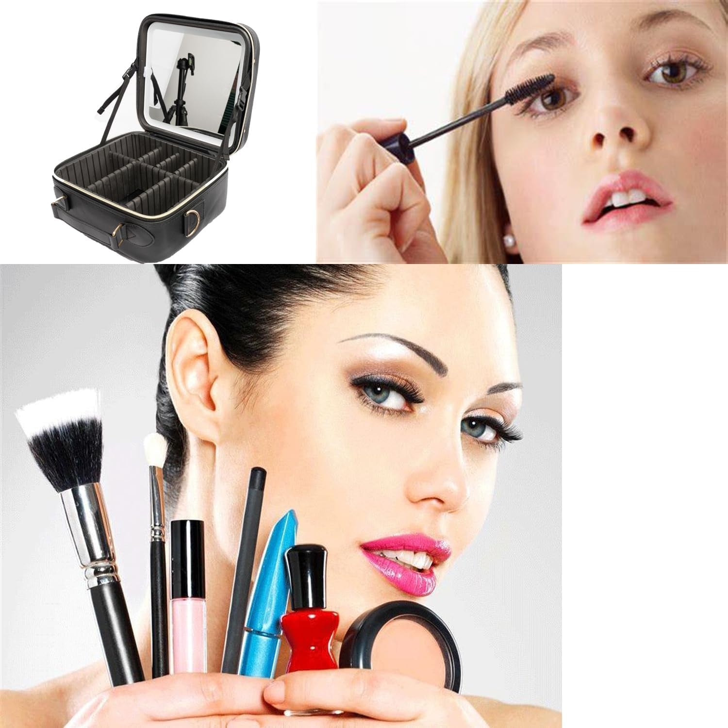 Travel Makeup Bag with LED Lighted, Cosmetic Case with Mirror, 3 Color Setting, Adjustable Dividers, Makeup Brushes for Women, Black, Waterproof, Scratch Resistant